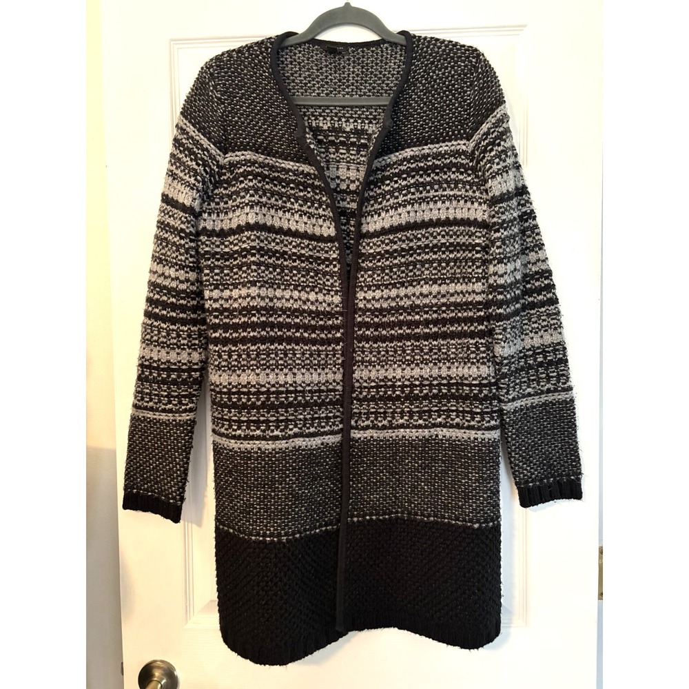 Ann Taylor Cardigan S Black Gray Striped Knit Long Open Sweater Fall Winter